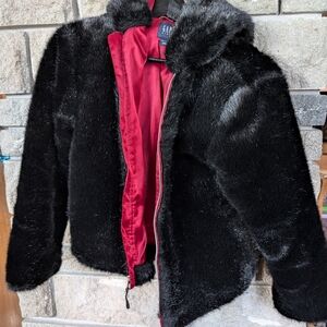GAP Black Faux Fur Jacket with Red Lining